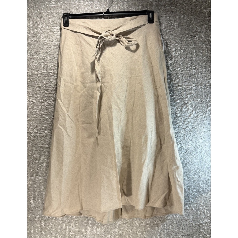 Roz Ali Linen Blend Midi Skirt Front Slit Coastal Preppy Boho L Brown Belted NWT